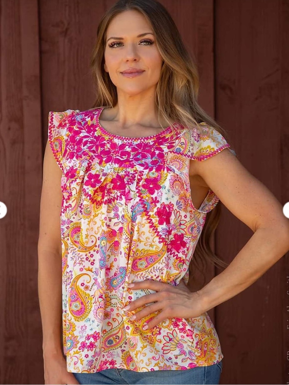 Savanna Jane plus embroidered floral blouse paisley colorful mexican print top